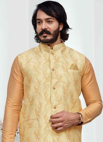 Attractive Beige Brocade Jacket With Woven Art Silk Cream Kurta